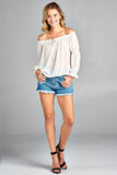 Women's Puff Long Sleeve Ruffled Front Tie Off Shoulder Top
