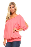 Women's 3/4 Three Quarter Sleeve Peasant Top with Elastic Neckline