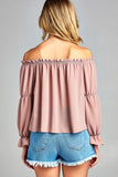 Women's Puff Long Sleeve Ruffled Front Tie Off Shoulder Top
