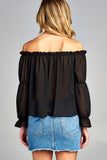 Women's Puff Long Sleeve Ruffled Front Tie Off Shoulder Top