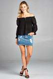 Women's Puff Long Sleeve Ruffled Front Tie Off Shoulder Top