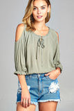 Women's 3/4 Three Quarter Cold Shoulder Top