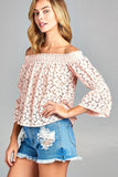 Women's 3/4 Three Quarter Long Sleeve Off Shoulder Floral Lace Top