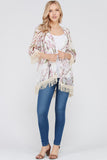 Women's 3/4 Sleeve Floral Printed Fringe Cardigan