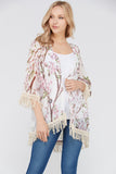 Women's 3/4 Sleeve Floral Printed Fringe Cardigan