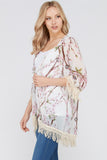 Women's 3/4 Sleeve Floral Printed Fringe Cardigan