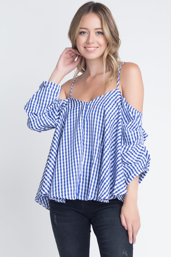 Women's Cold Shoulder Checkered Top