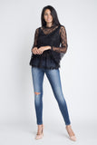 Women's Semi Lace Zipper Back Flare Sleeve Blouse